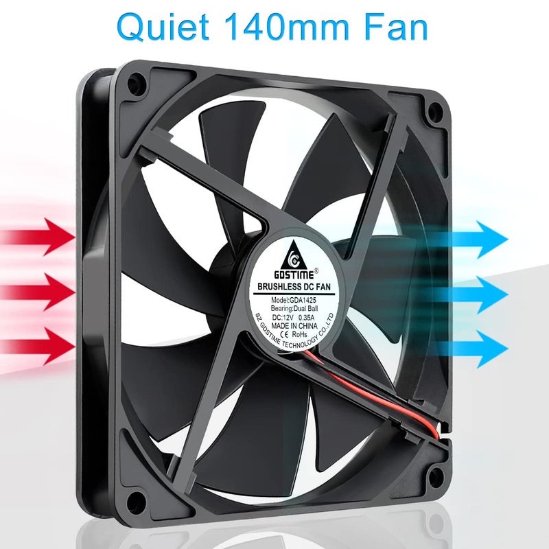 GDSTIME 12V Cooling Fan 1425, 140mm x 25mm Dual Ball Bearings DC Brushless Cooler Fan 2-Pin - Image 3